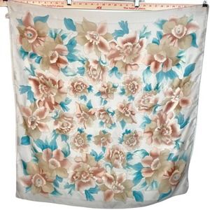 VINTAGE 80s Foulard Floral Peach & Teal 35x35 Square Scarf A17